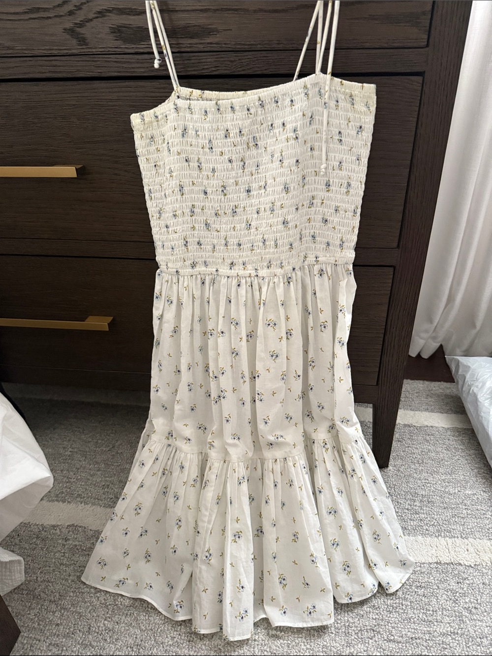 Playa Lucila Smocked Floral Maxi Dress - Cream with Blue Flowers - XS